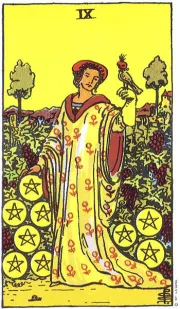 동전의 9(9 of Pentacles) tarot card illustration